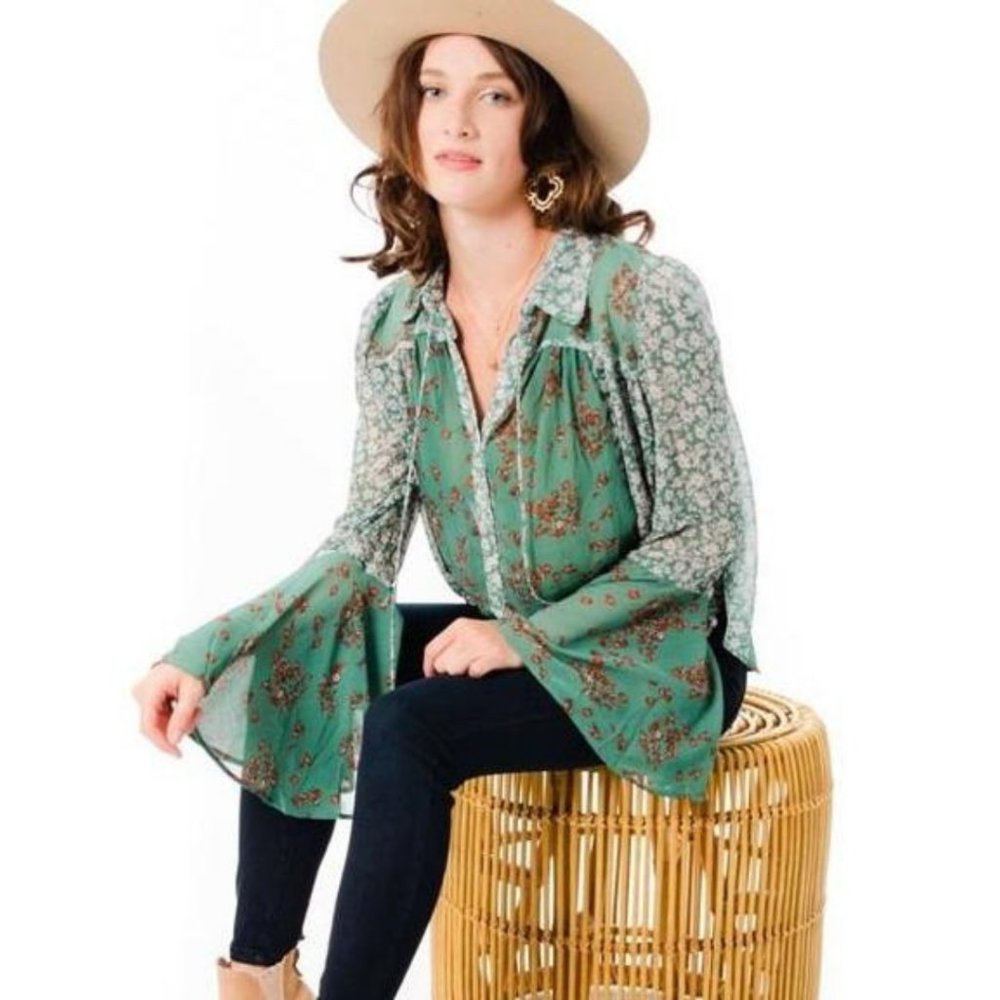 Free People New With Tags Emerald Combo Serena Bell Sleeve Top